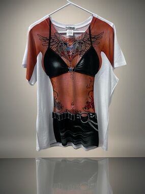 FAUXREAL Women’s Short Sleeve Graphic Tee - White with Black Bikini Print